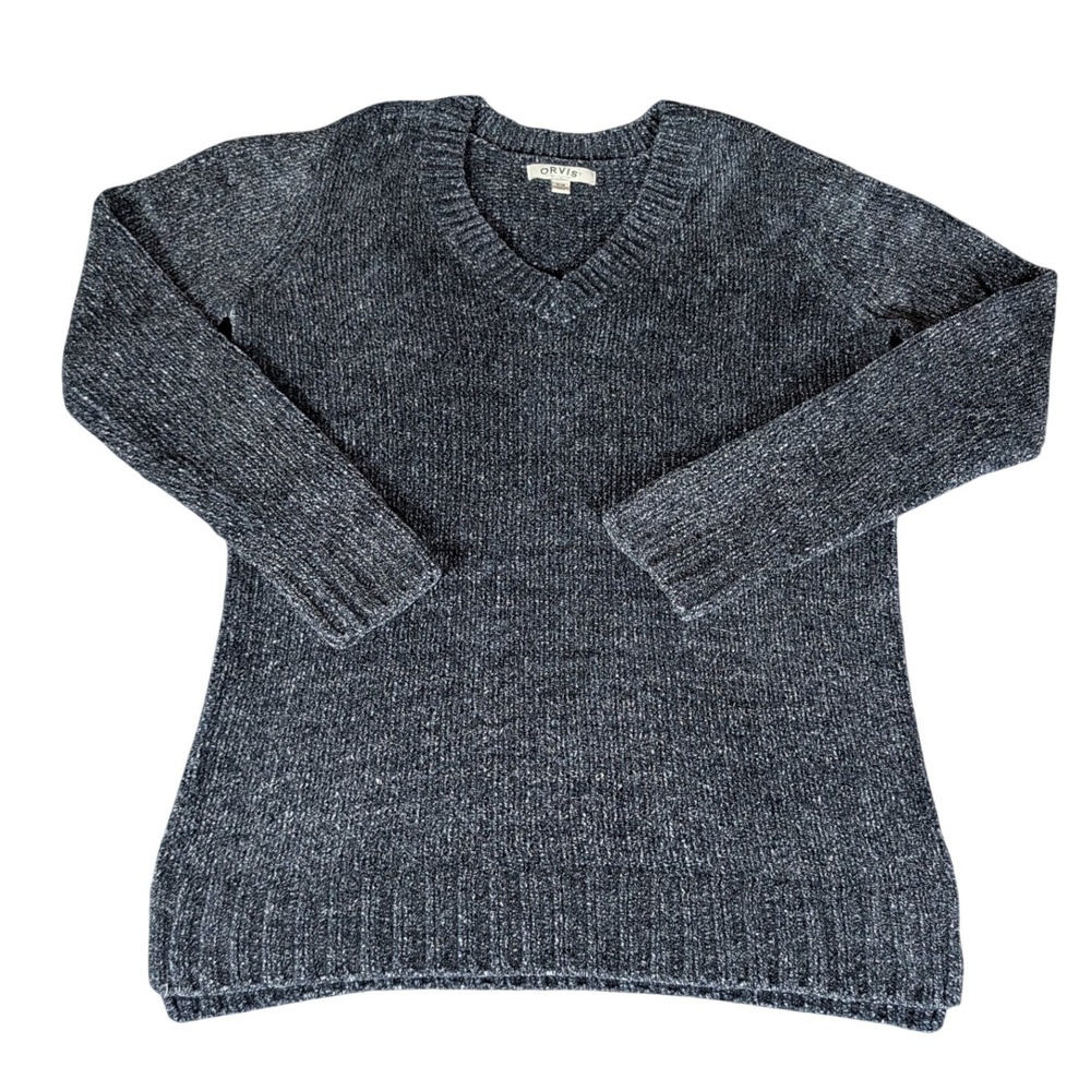 Orvis Womens Charcoal Grey Marled Chenille V-Neck Long Sleeve Sweater 4296